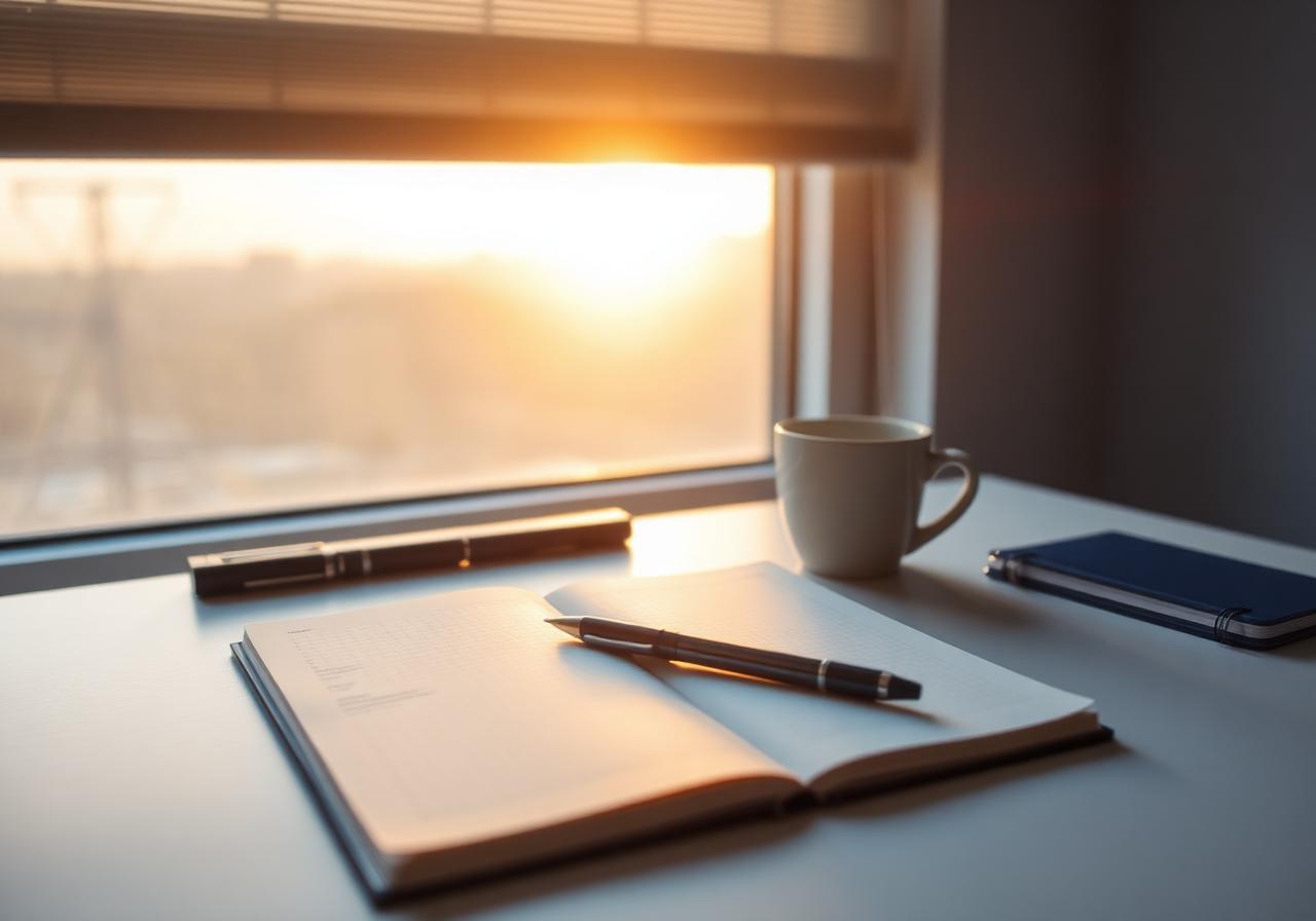 A serene study desk at sunrise